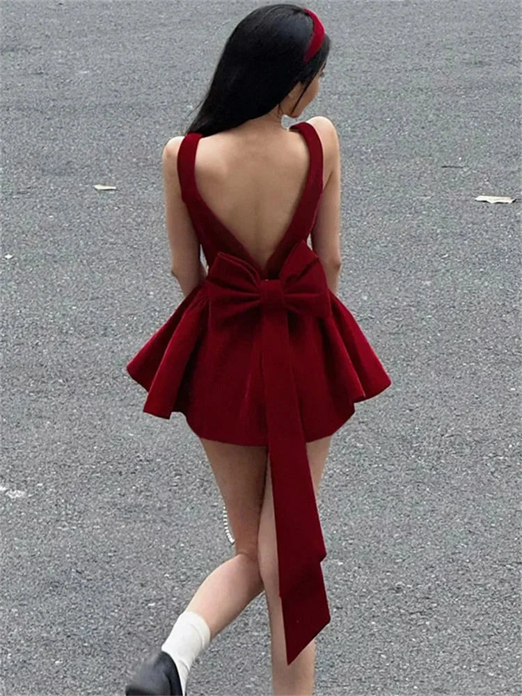 Zingj Red Backless V Cut Bow Mink Dress-Outfit Ideas