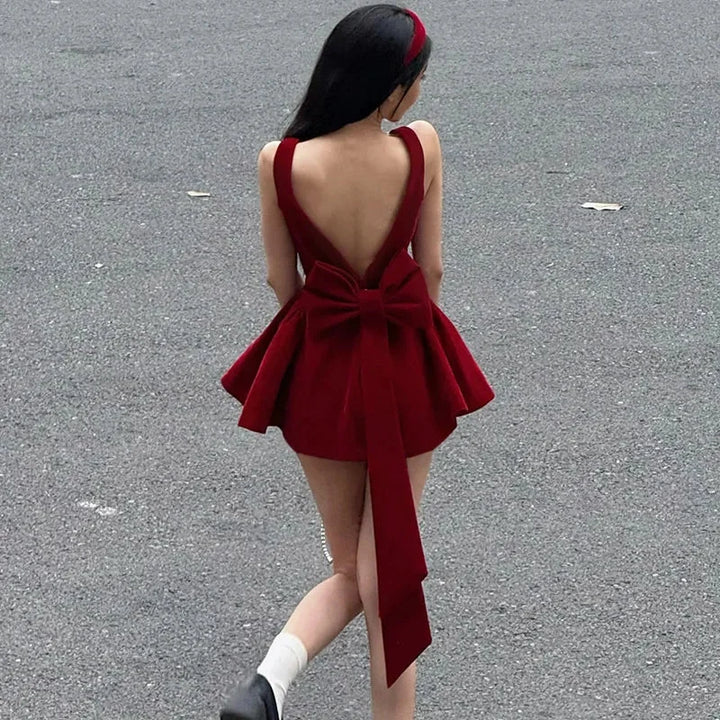 Zingj Red Backless V Cut Bow Mink Dress-Outfit Ideas