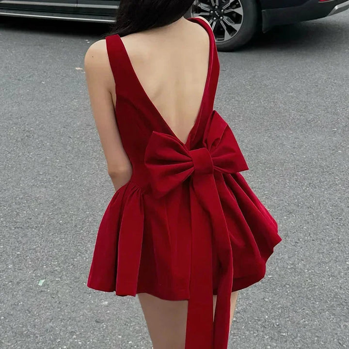 Zingj Red Backless V Cut Bow Mink Dress-Outfit Ideas