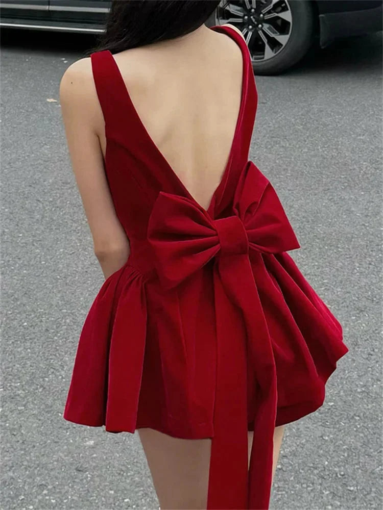 Zingj Red Backless V Cut Bow Mink Dress-Outfit Ideas
