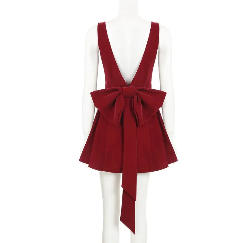 Zingj Red Backless V Cut Bow Mink Dress-Outfit Ideas