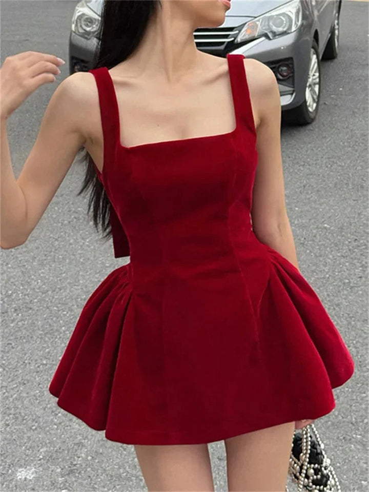 Zingj Red Backless V Cut Bow Mink Dress-Outfit Ideas